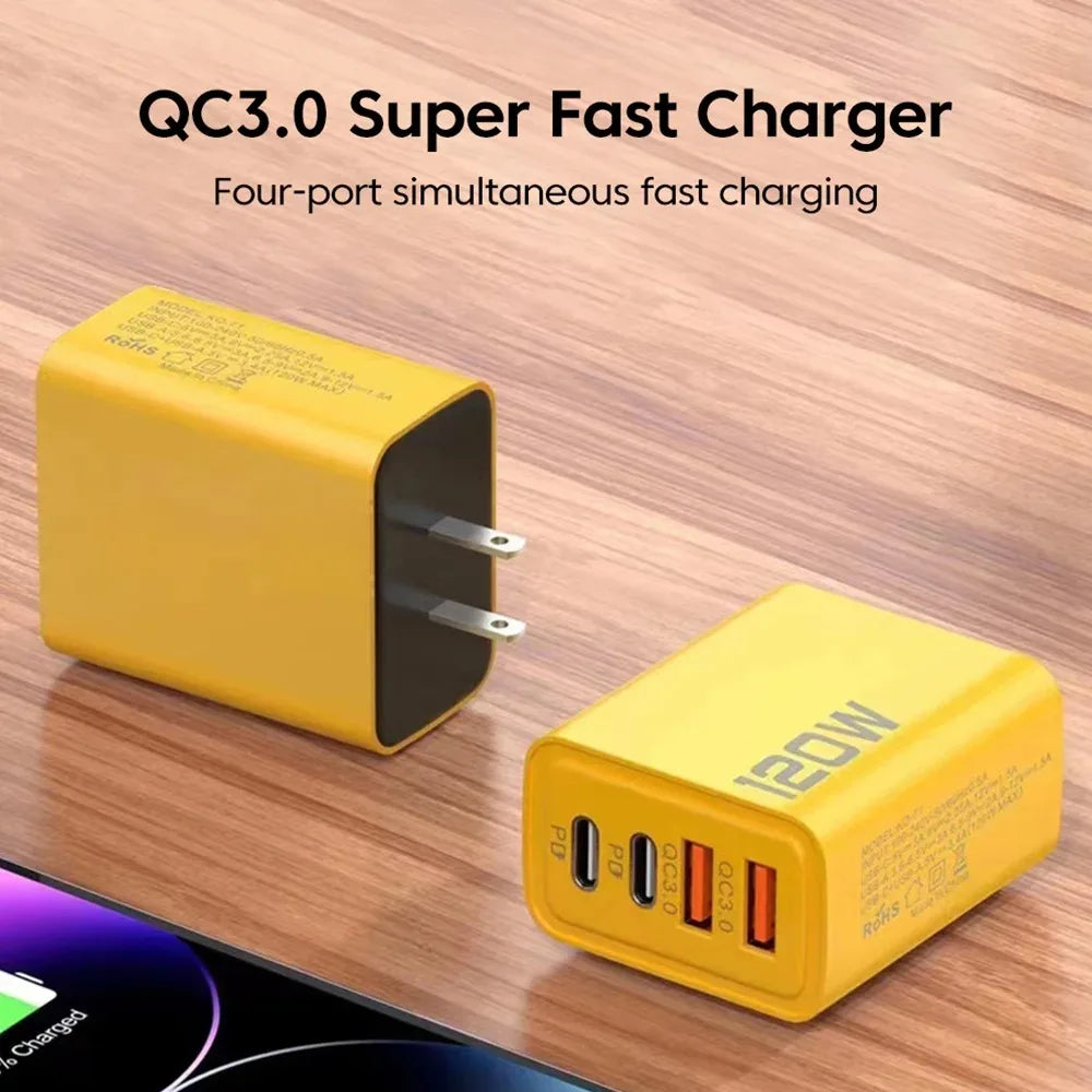 Total 120W USB Type C Charger Quick Charge Muti 4 Ports Adapter for iPhone Samsung Xiaomi 15 Mobile Phone Fast Charging Charger