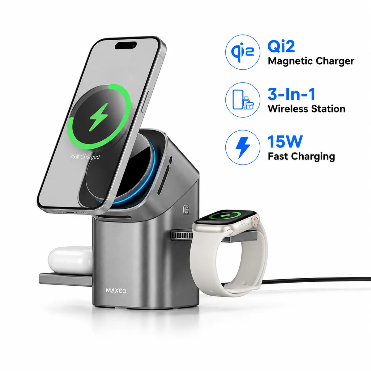 2026 Qi2 Automatic Touch Magnetic Multi-function 3 in 1 Wireless Charger for Iphone17 16 15 14 13 Pro Max Iwatch Airpods Charger