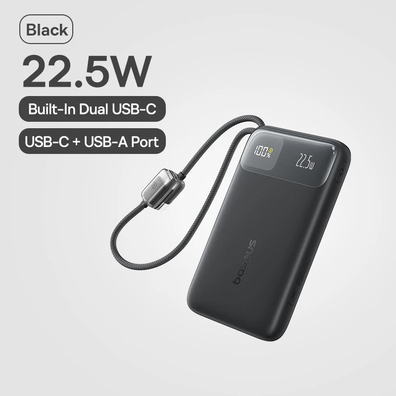 Baseus 10000mAh Power Bank 22.5W Built-In Dual USB-C Cable Thinner Fast Charging for iPhone 17 Pro Max Samsung S25 Xiaomi Poco
