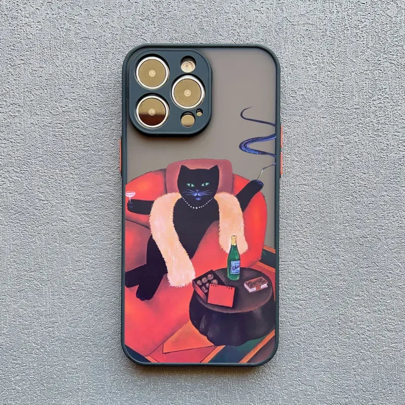 Luxury Funny Cartoon Black Cat Phone Case For iPhone 17 16 15 14 13 12 11 Pro Max Mini 7 8 Plus SE Shockproof Matte Hard Cover