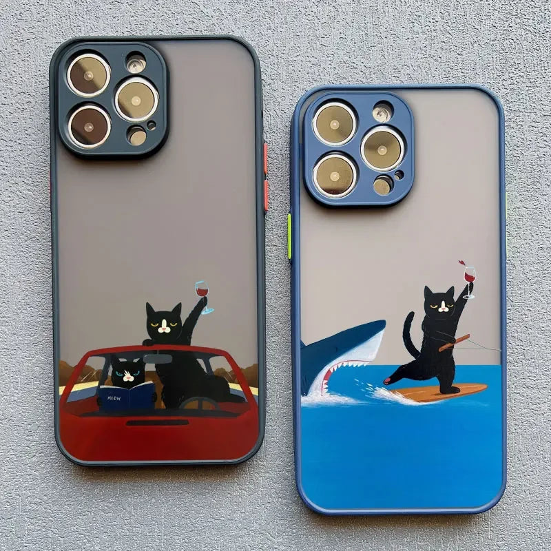 Luxury Funny Cartoon Black Cat Phone Case For iPhone 17 16 15 14 13 12 11 Pro Max Mini 7 8 Plus SE Shockproof Matte Hard Cover