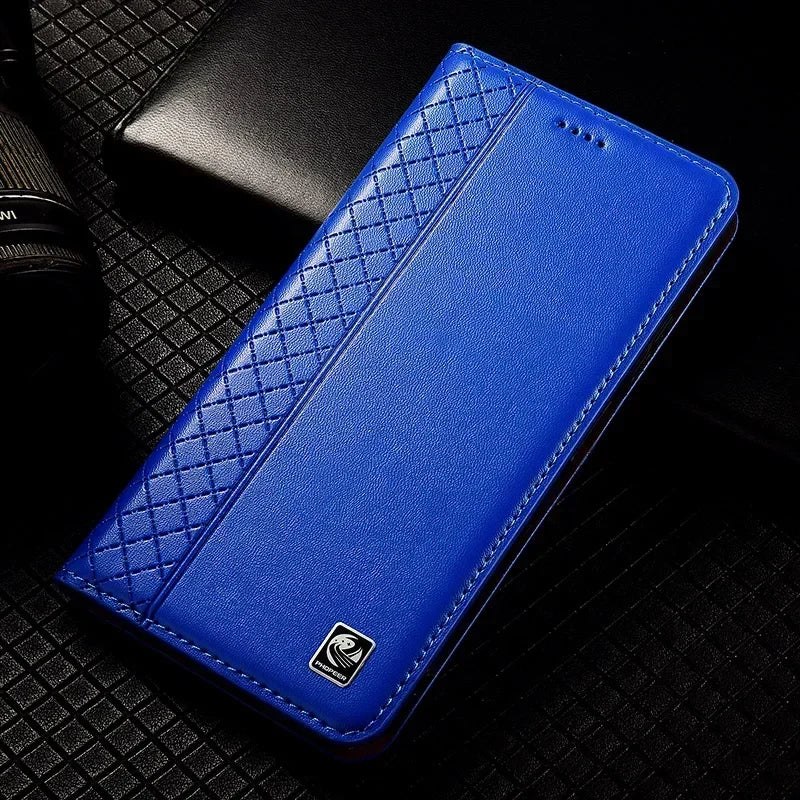 For APPLE iPhone 17 16 16E 15 14 Pro Max Air Plus Flip Case Grid Pattern Magnetic Cover Cowhide Genuine Leather Wallet Covers