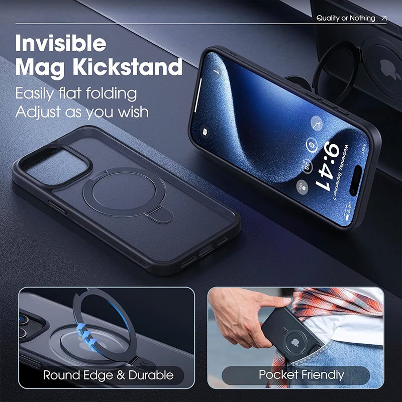 Translucent Magnetic Mobile Phone Case with Ring Kickstand for iPhone 16 15 14 Pro Max Plus 13 12 11 Mobile Cases Slim Cover