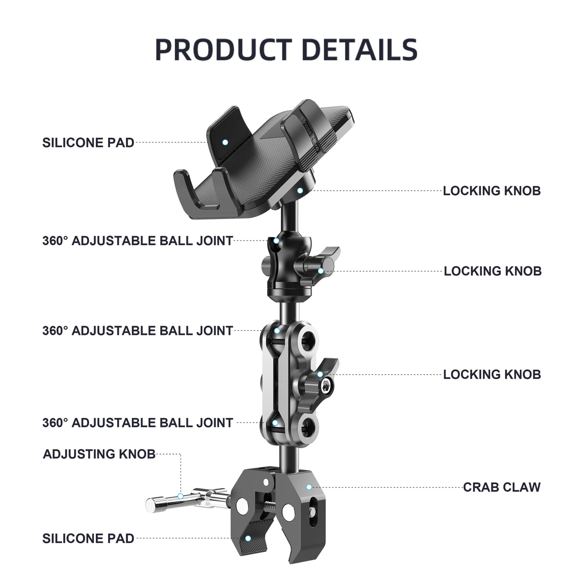 Phone Holder with Super Clamp for Treadmill/Spin Bike/Stroller/Wheelchair/Golf Cart/Poles/Music Stand/Stationary Bike/Handlebar