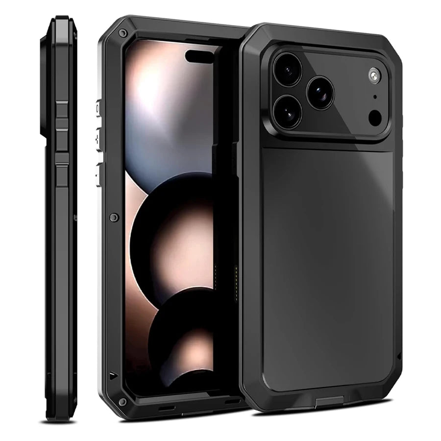Heavy Duty Metal Armor Phone Case with Built-In Glass Screen Protector, 360° Full Body Rugged Shockproof Dustproof Protective Cover, Compatible with iPhone 18/17/Air/16/15/14/13/12/11, Pro, Pro Max, Plus, Mini, XR, XS, X, SE