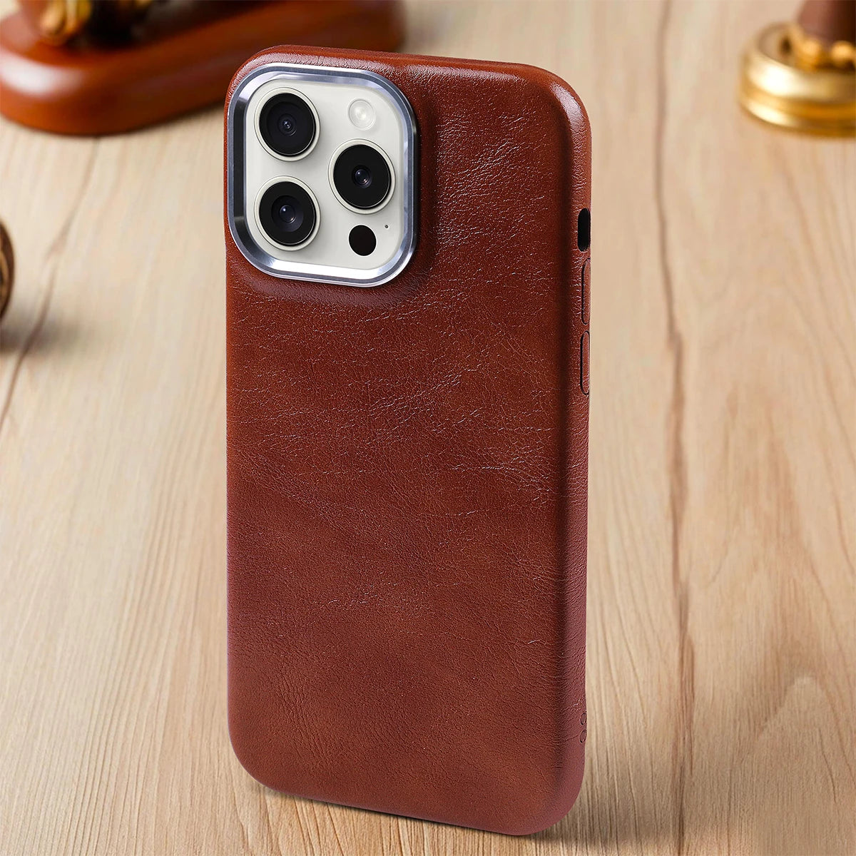 Luxury Classic Retro Textured Metal Frame All Inclusive PU Leather Case For iPhone 15 Pro Max 16 14 Plus 13 12 11