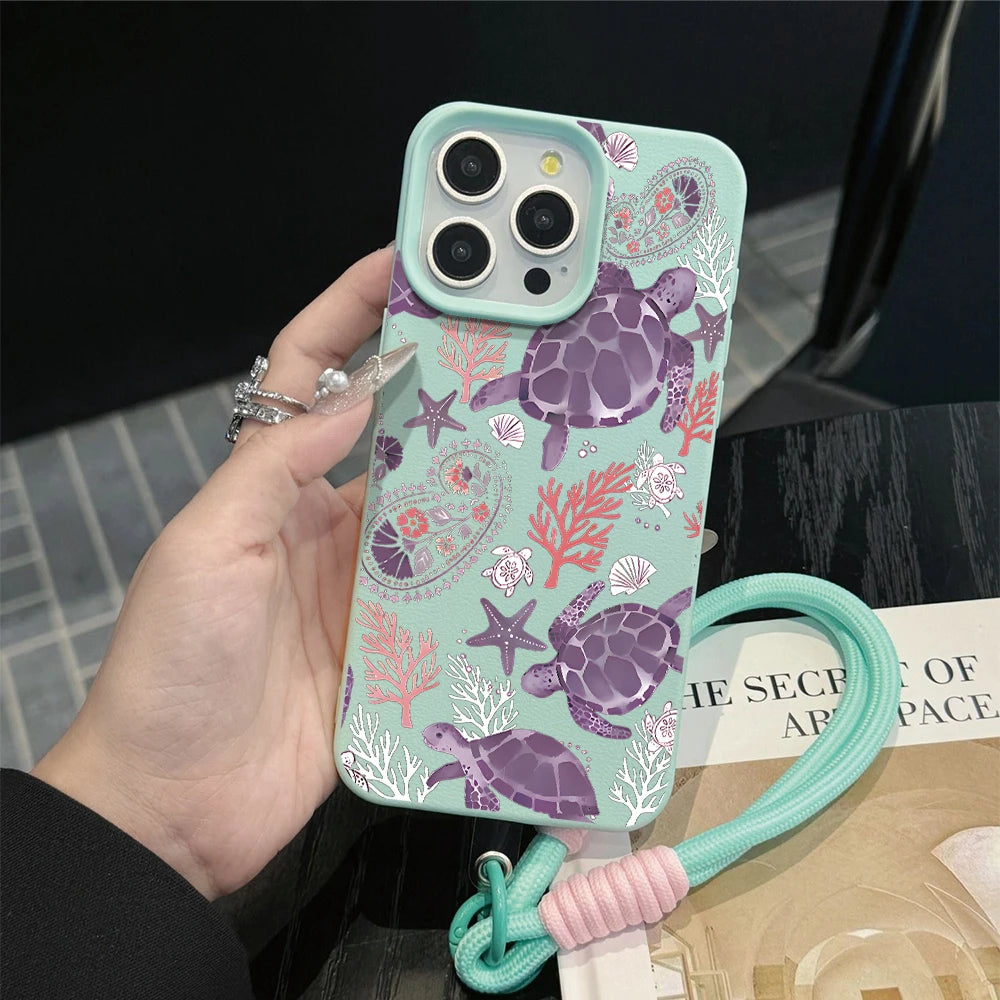 Wrist Strap Case For iPhone 18 13 14 Pro Max Cases iPhone 11 12 17 ProMax 13 15 Plus Coastal Sea Turtle With Lanyard Cover