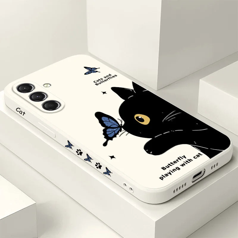Cat Butterfly Phone Case For Samsung Galaxy S25 S24 S23 S22 S21 S20 S10 Ultra Plus FE Note 20 Ultra 10 Plus Cover