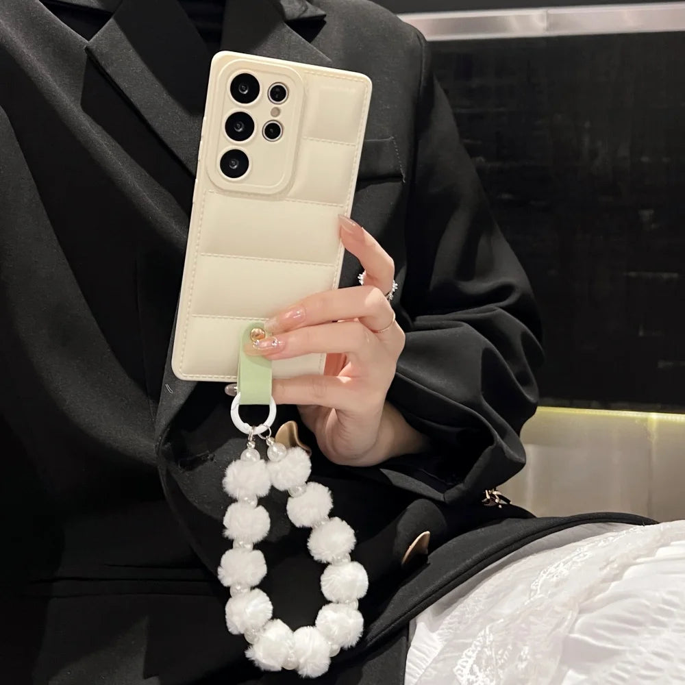 Luxury Down Jacket Pearl Bracelet Case for Samsung Galaxy S26 S25 Ultra S23 S24 Plus S21 S22 FE A56 A55 A16 Plush Lanyard Cover