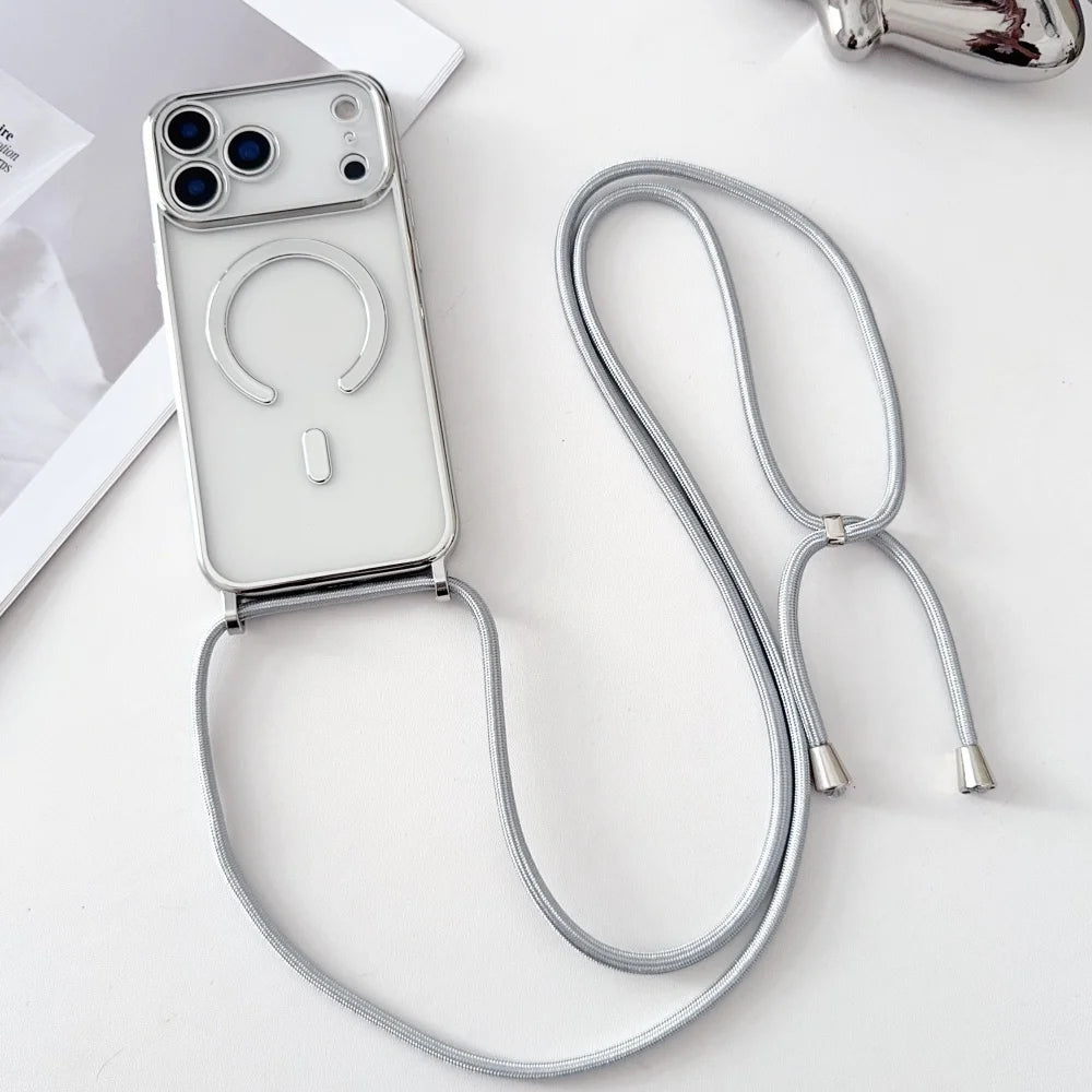 Luxury Necklace Cord Rope Lanyard Plating Magnetic Clear Phone Case For Iphone 17 16 14 11 12 13 15 Pro Max For Magsafe Cover