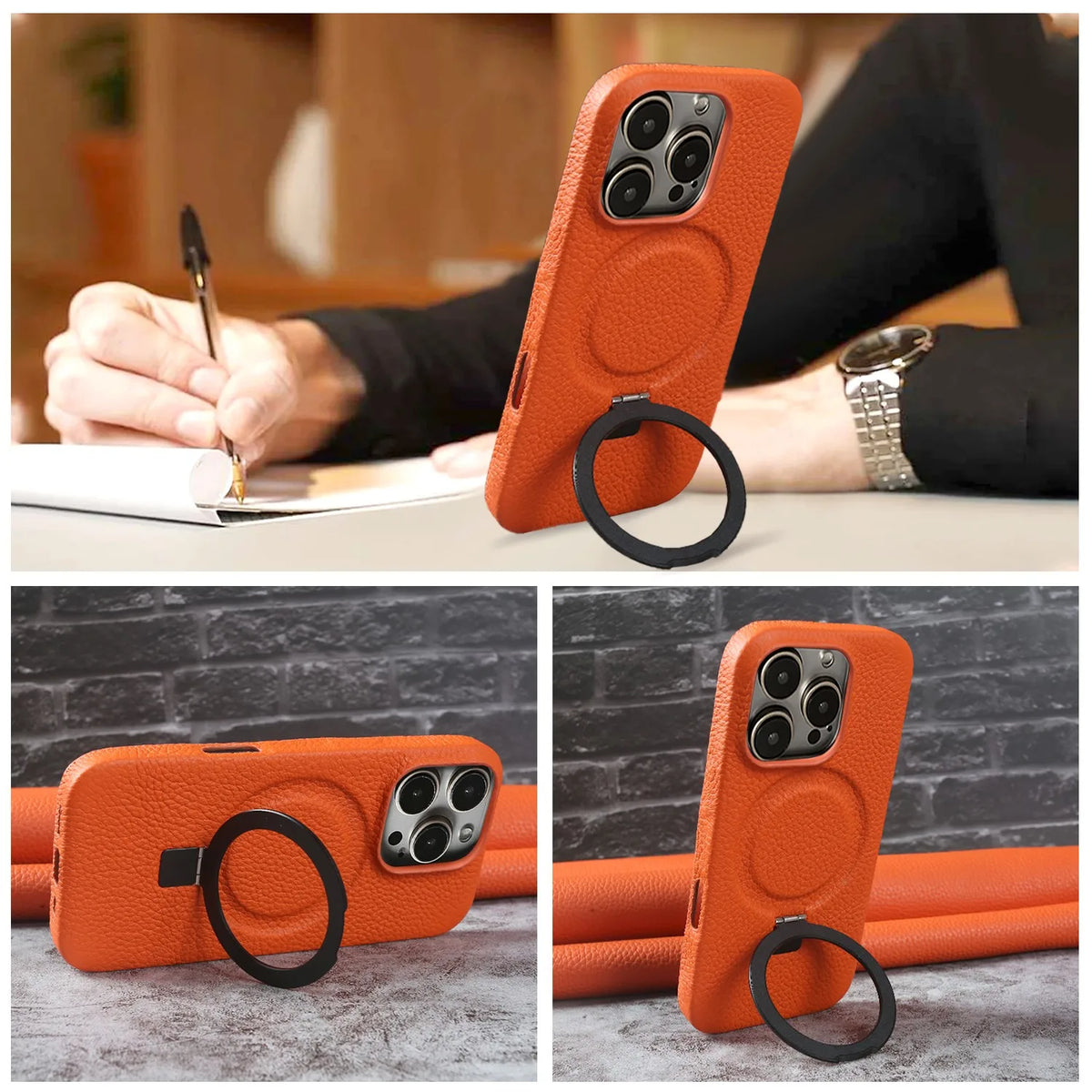 Magnet Ring Stand Phone Case for IPhone 18 Pro Max 17e 16 15 13 14 12 11pro Cover Genuine Leather Case Magnetic Back Cover Cases