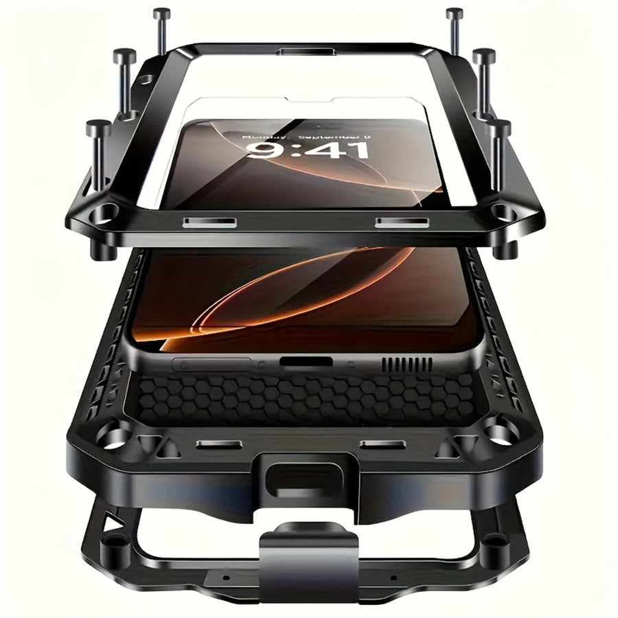 Heavy Duty Metal Armor Phone Case with Built-In Glass Screen Protector, 360° Full Body Rugged Shockproof Dustproof Protective Cover, Compatible with iPhone 18/17/Air/16/15/14/13/12/11, Pro, Pro Max, Plus, Mini, XR, XS, X, SE