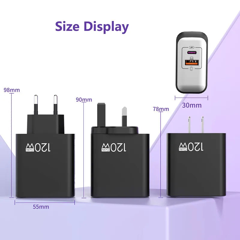 120W GaN USB C QC 3.0 Fast Charger Quick Charging PD Charger EU US UK Wall Power Adapter For iPhone Samsung Xiaomi Huawei iPad