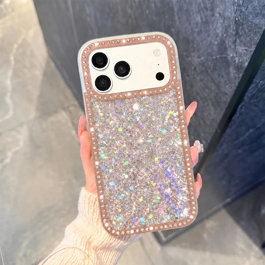 Luxury Sparkling Rhinestone Phone Case, Compatible with iPhone Air/17 Pro Max/16 Pro/15/14/13/12/11, Glitter Acrylic Back Cover, Solid Color Soft-Touch Frame, Large Camera Cutout Protective Case