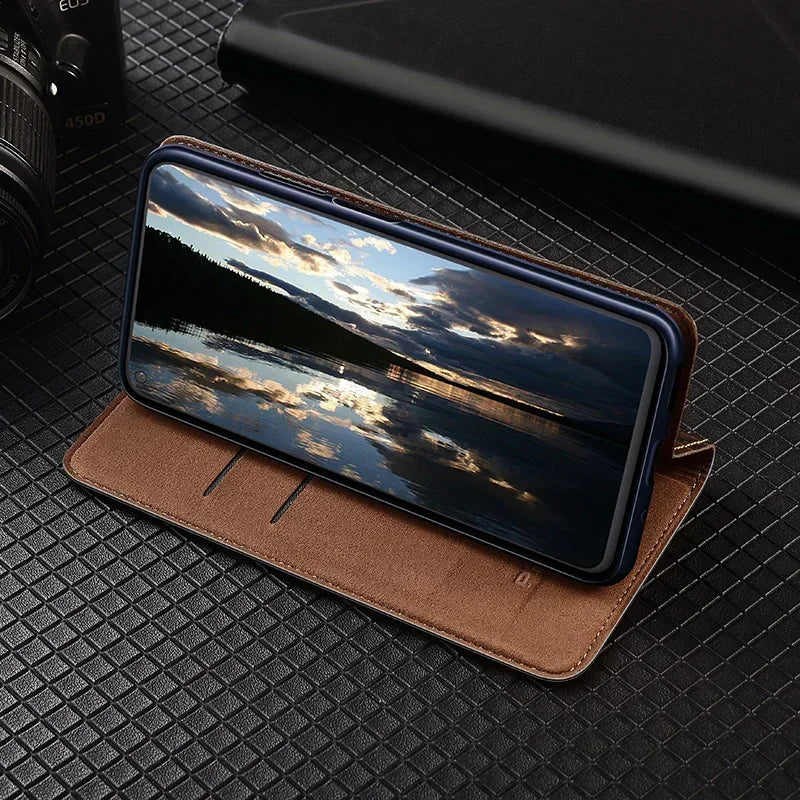 For APPLE iPhone 17 16 16E 15 14 Pro Max Air Plus Flip Case Grid Pattern Magnetic Cover Cowhide Genuine Leather Wallet Covers