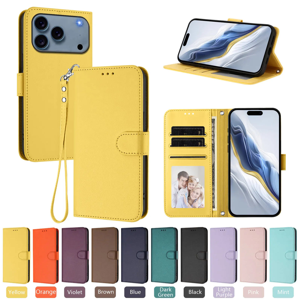 Solid Color Flip Wallet Leather Case For iPhone 17 13 14 15 16 12 Pro Max Air 16E 16 15 14 Plus 12 13 Mini Lanyard Back Cover