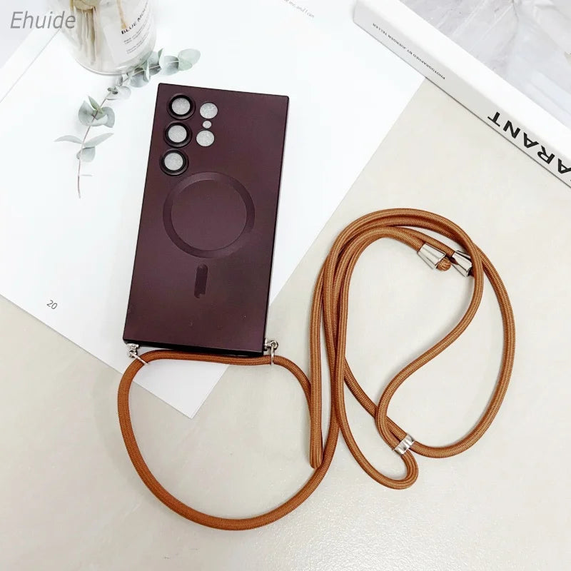 Metallic Paint Magnetic Case For Samsung Galaxy S26 S25 S24 S23 S22 Ultra FE Plus Wireless Crossbody Lanyard Strap Cover