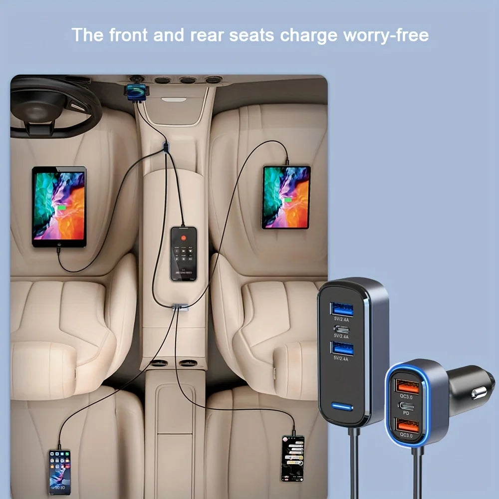Car Charger USB C Adapter, 75.5W Car Charger 6-Port, High-Speed Car Accessories With Quick Charge PD 3.0 & 2.4A Dual Port, With 5FT Cable, For IPhone,For Android