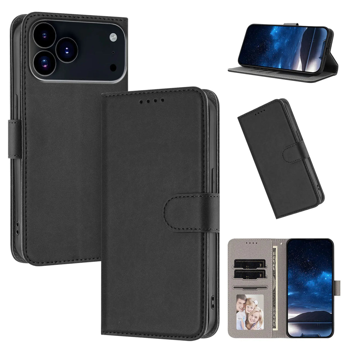 For iPhone 17 Pro Max Solid Color Luxury Leather Flip Case on For iPhone 17 16 15 14 13 12 Pro Max Plus 17 Air 16E Wallet Cover