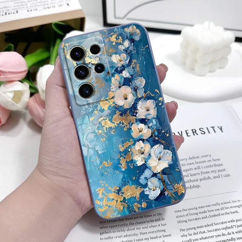 Gold Leaf Flower Phone Case For Samsung Galaxy S25 FE S24 S23 S22 S21 S20 S10 S10E Ultra Plus FE Note 20 Ultra Plus Cover
