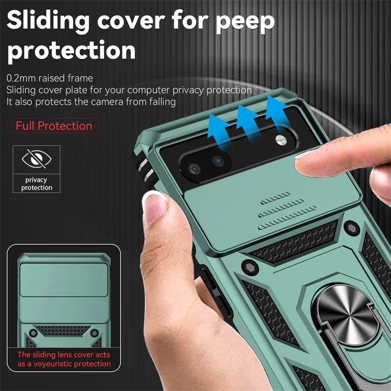 Durable Armor Slide Lens Full Protect Cover for Google Pixel 10 9 8 7 6 A Pro XL 360 Metal Magnetic Ring Holder Shockproof Case