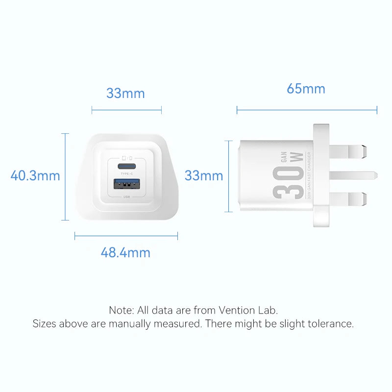 Vention 30W GaN USB Type C Charger PD 3.0 Dual Ports Fast Charging for iPhone 8-16 Tablet Xiaomi Samsung USB Type C USB Charger