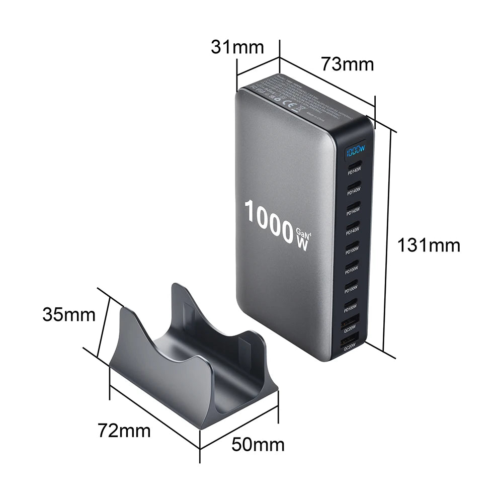 1000W GaN Charger USB C Fast Desktop 10Port USB Type C PD3.1 Charger Fast Charging for iPhone 17 16 15 Samsung S24 Xiaomi Laptop