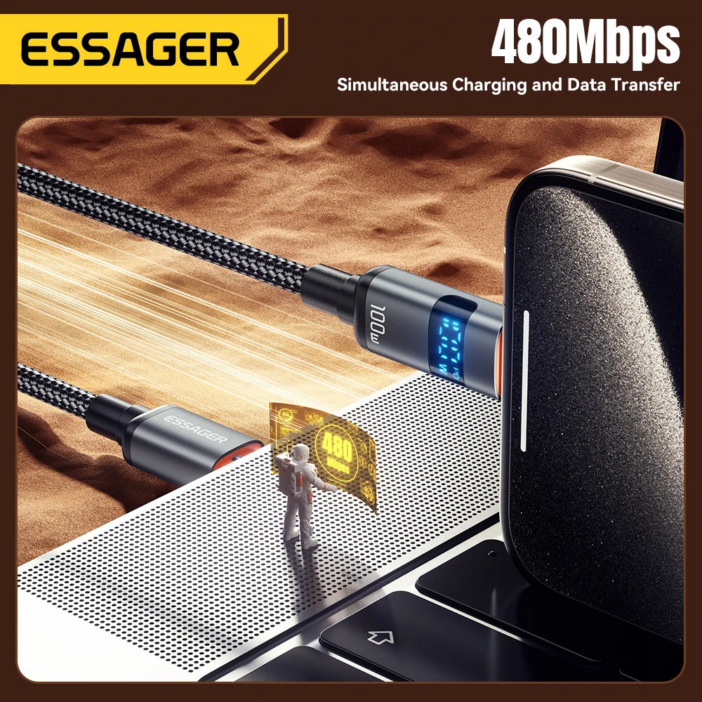 Essager 100W USB C to Type C Digital Display Cable Fast Charging 5A Type C to Type C Cable For MacBook Pro Xiaomi Huawei Samsung