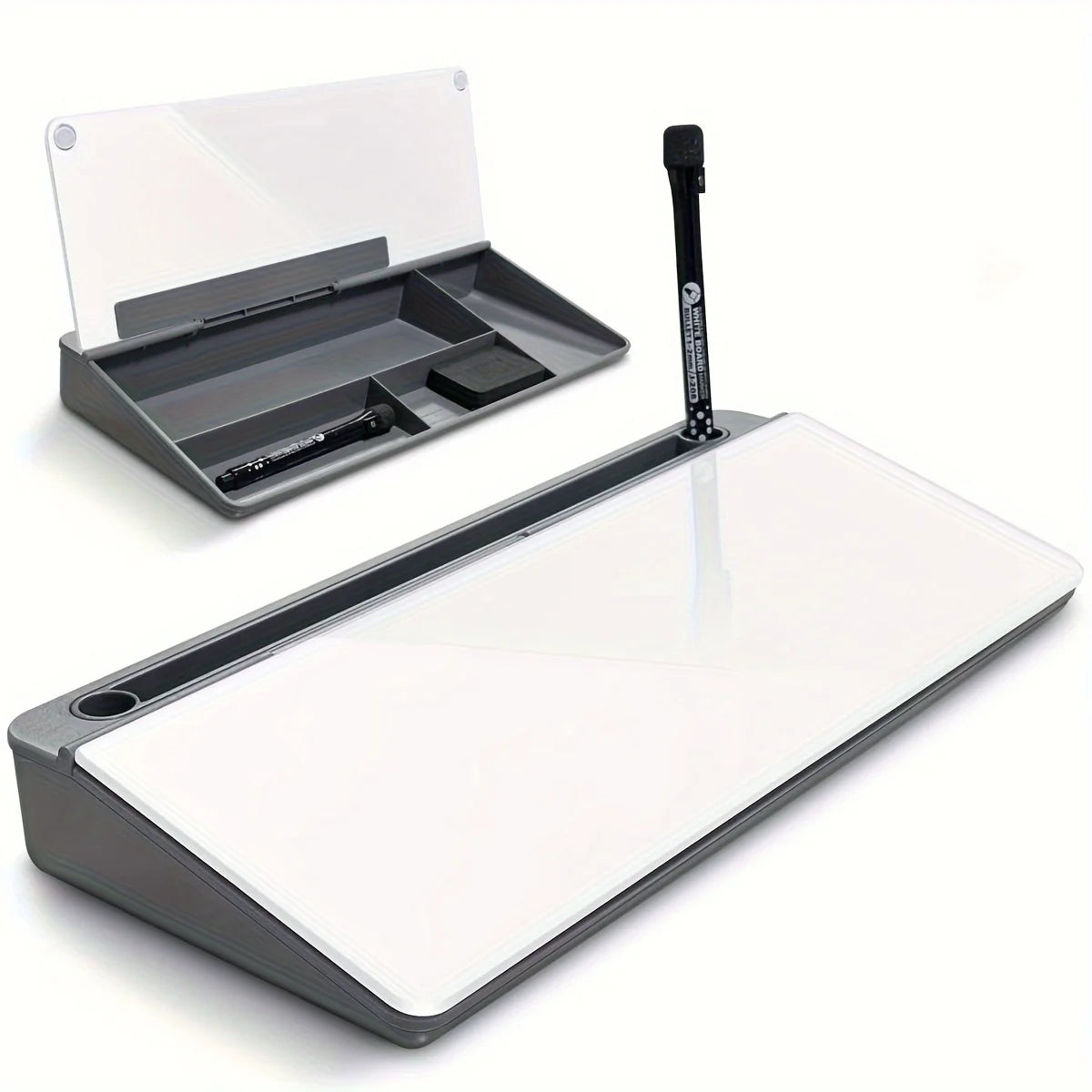 Sleek Compact Glass Desk Whiteboard with Built-in Storage, Modern Tempered Glass Desktop Organizer & Keyboard Holder, Efficient