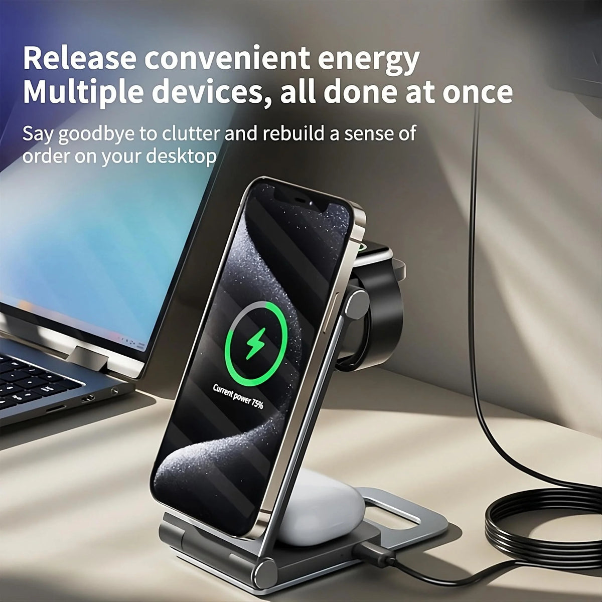 Magnetic Wireless Charging Station 3 in 1 Foldable - 15W Fast Charger Compatible with iPhone, Samsung, AirPods Pro, Aluminum Alloy Stand, Space-Saving for Home Office Travel Bedside Nightstand Desk, Easy to Carry