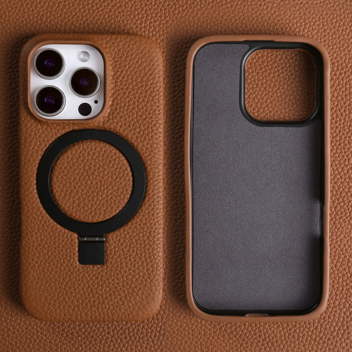 Magnet Ring Stand Phone Case for IPhone 18 Pro Max 17e 16 15 13 14 12 11pro Cover Genuine Leather Case Magnetic Back Cover Cases
