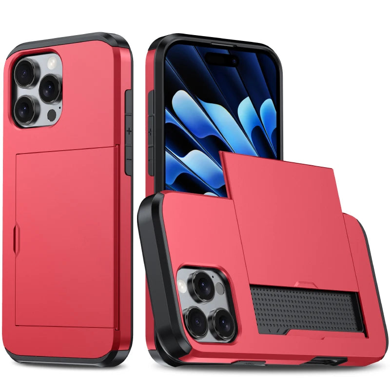 Push Pull Wallet Card Slot Solid Color Shockproof Phone Case For iPhone 16 Pro Max 14 11 12 13 15 Pro Max Mini Bumper Back Cover
