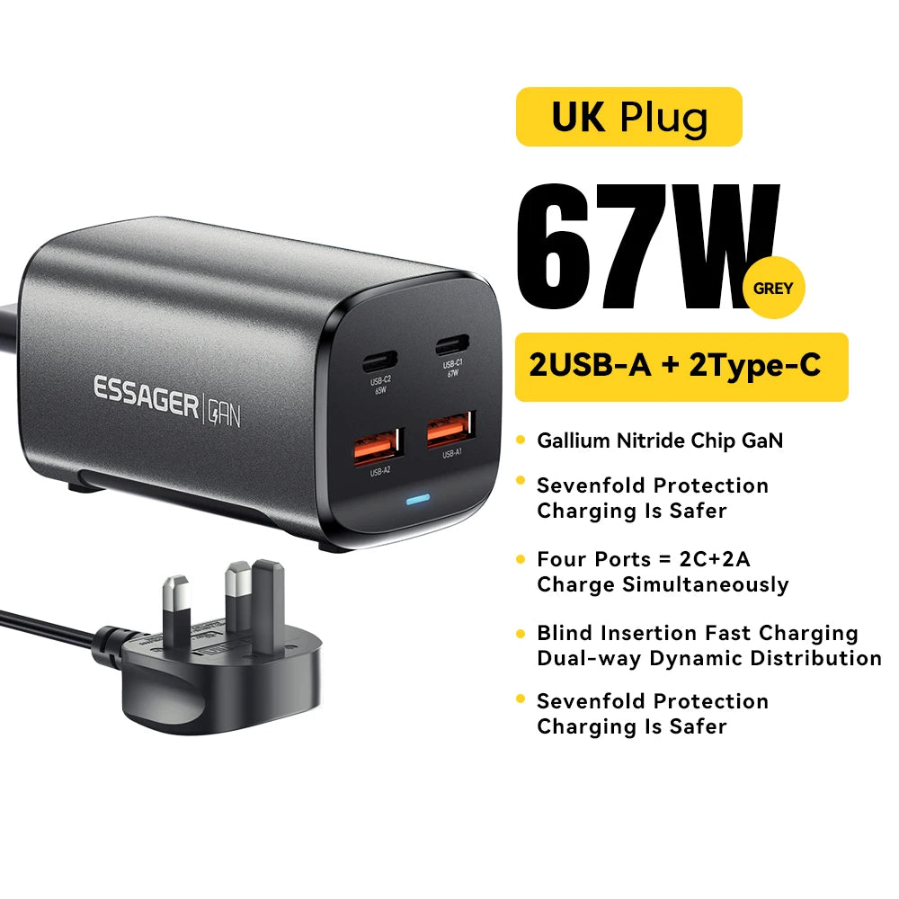 Essager 67W USB C GaN Charger Desktop Quick Charge 4.0 QC 3.0 PD Type C Fast Charging For MacBook Samsung POPC iPhone 15 Laptop