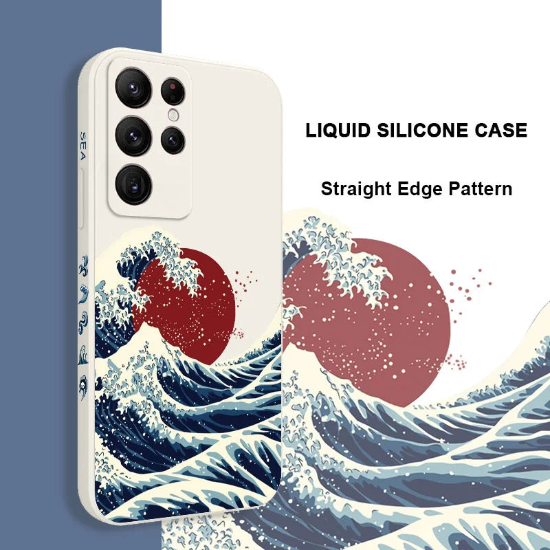 Red Sun Sea Waves Phone Case For Samsung Galaxy S25FE S24 S23 S22 S21 S20 Ultra Plus FE S10 S9 Note 20 ultra 10 9 Plus Cover