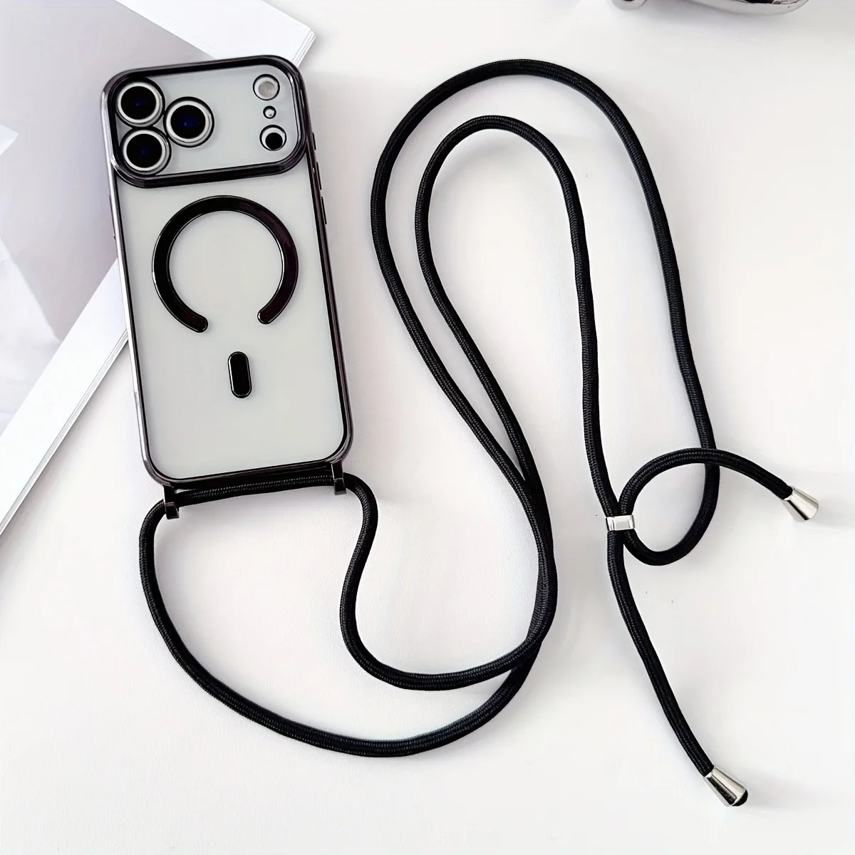 Luxury Necklace Cord Rope Lanyard Plating Magnetic Clear Phone Case For iPhone 17 16 14 12 13 15 Pro Max Air For Magsafe Cover