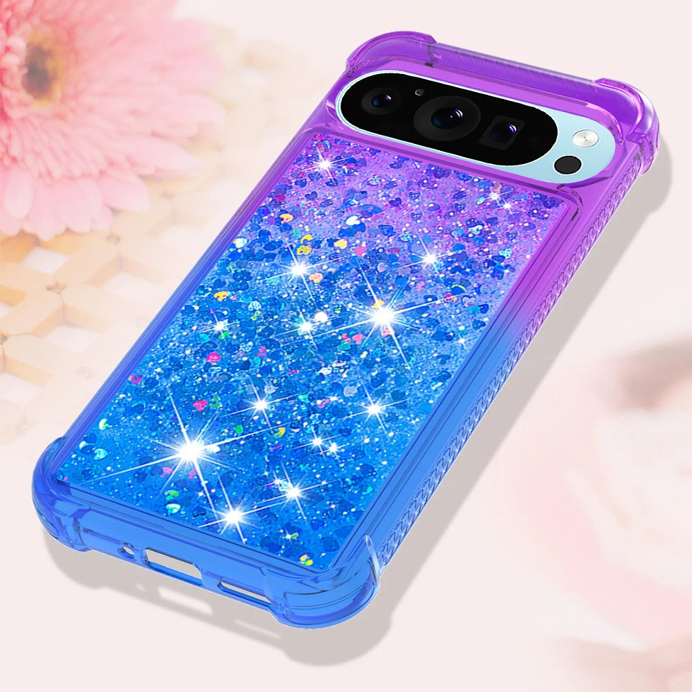 Bling Moving Liquid Floating Sparkle Colorful Glitter TPU Protective Case For Google Pixel 9 Pro XL 8 9A 8A 7A Waterfall Cover
