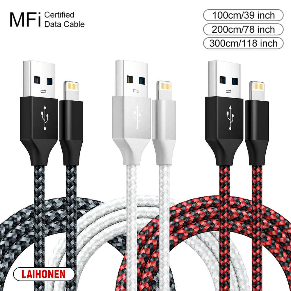 1m 2m 3m Fast Charging USB Cable for iPhone 11 12 13 14 Pro XS Max XR X 6S 7 8 Plus SE Nylon Braided Wire USB Charger Data Cable