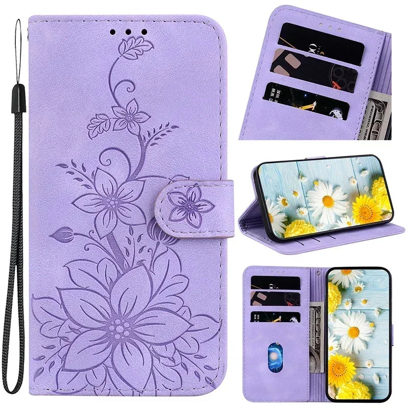 Magnetic Leather Phone Case For Google Pixel 10A 5 6A 8 9A 7 7A Pro Pixel 9 10 Pro XL Embossed Lilies Flip Cover Wallet Case
