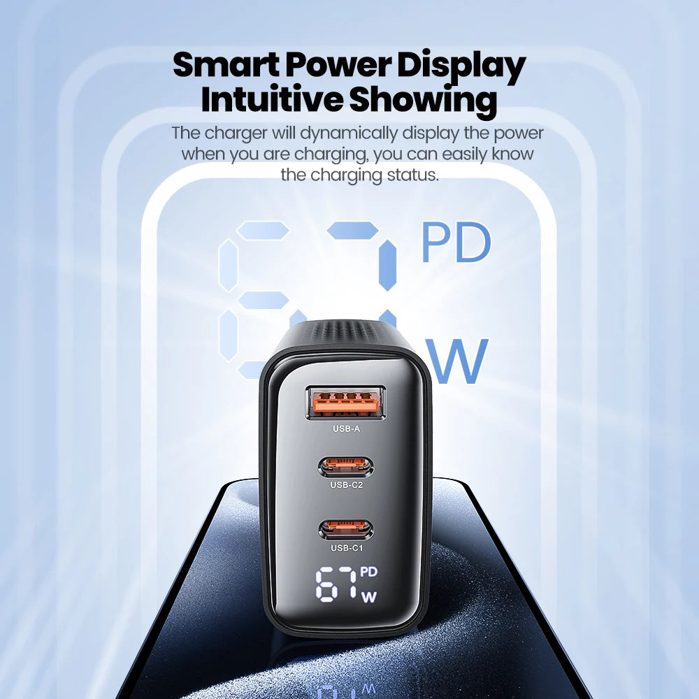 Toocki 67W GaN Charger Digital Display Quick Charge 4.0 3.0 Fast Type C USB Charger for Laptop iPhone Samsung Xiaomi Realme POCO