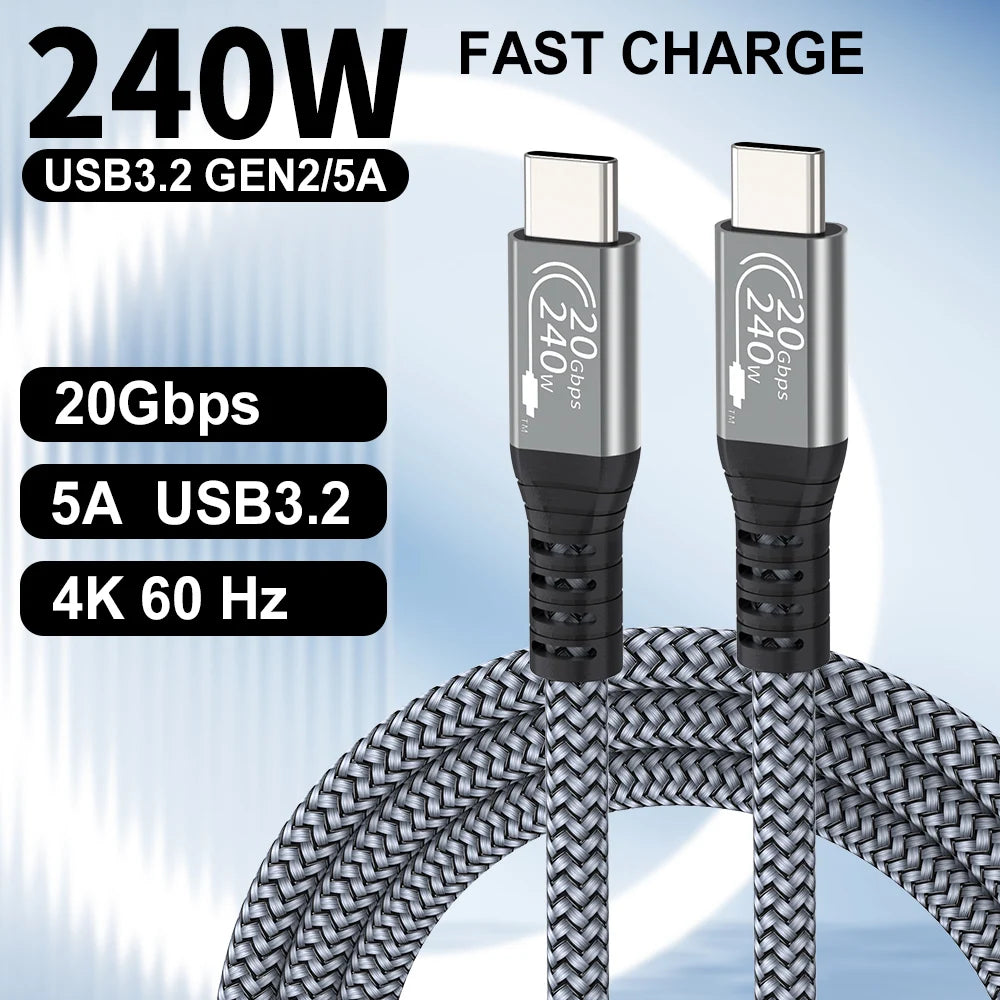 240W USB C to C Cable 20Gbps 5A High Speed Type C Data Braided Cord For Gaming Laptop MacBook iPad Samsung Phone Tablet