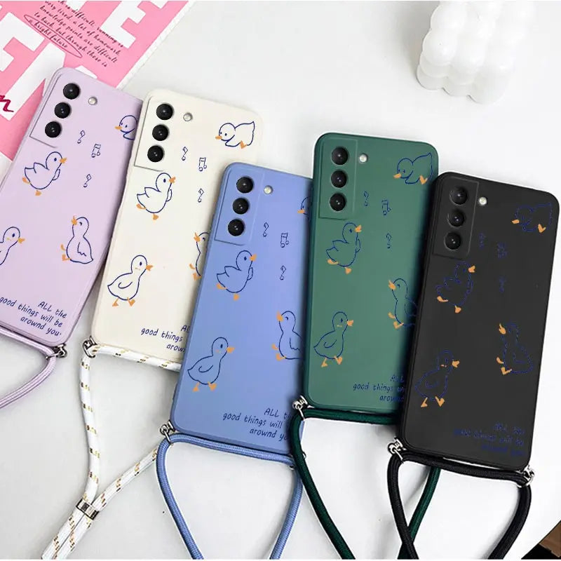 Happy Baby Duck Crossbody Lanyard Silicone Phone Case For Samsung Galaxy S23 S22 S21 S20 S10 S8 Plus Note 20 ultra 10 Plus Cover