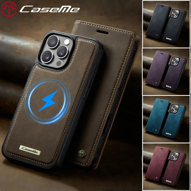 Magnetic Flip Leather Phone Case for iPhone 17 Pro Max 17E Air 16 Plus 15 14 13 12 11 Wireless Charging Wallet Cards Cover Coque