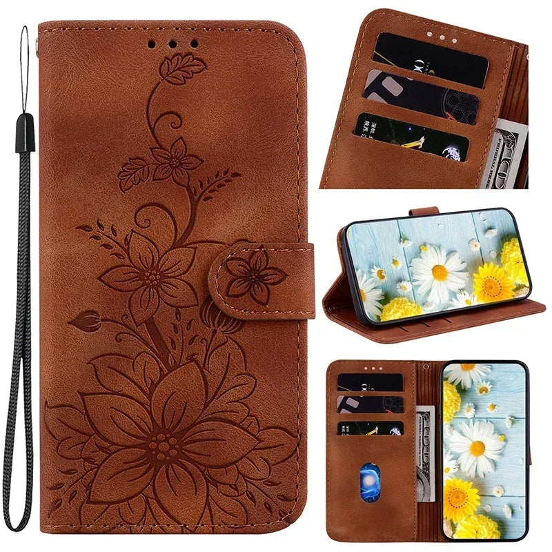 Magnetic Leather Phone Case For Google Pixel 10A 5 6A 8 9A 7 7A Pro Pixel 9 10 Pro XL Embossed Lilies Flip Cover Wallet Case