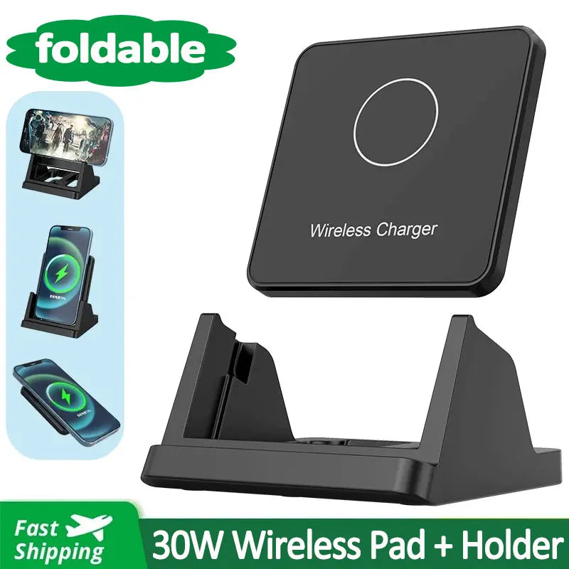 Fast Wireless Charger Pad + Holder for iPhone 17 15 14 13 12 11 Pro Max XR Samsung Galaxy Xiaomi Wireless Charging Dock Station