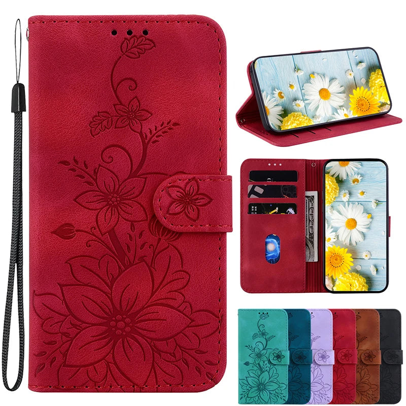 Magnetic Leather Phone Case For Google Pixel 10A 5 6A 8 9A 7 7A Pro Pixel 9 10 Pro XL Embossed Lilies Flip Cover Wallet Case