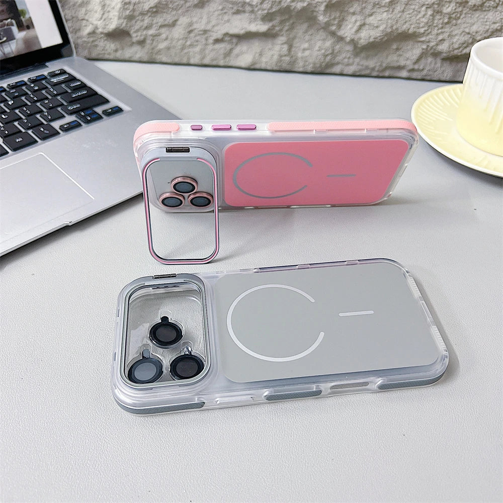 Magnetic Lens Bracket Phone Case For iPhone 17 16 15 14 13 12 11 Pro Max XR XS For Magsafe Hard Acrylic Shockproof Bumper Cover