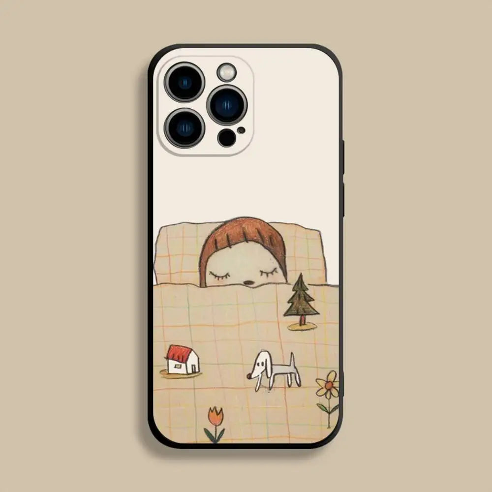 Y-Yoshitomos Art N-Nara Phone Case For iPhone 17,16,15,14,13,12,Pro,Max,Plus,E,SE4,Air,Mini Black Soft Cover