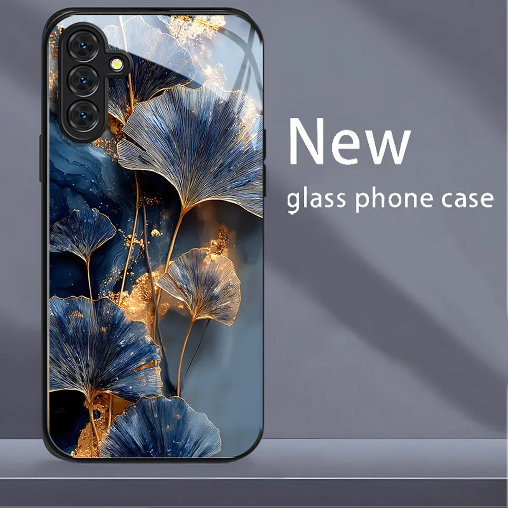 Ginkgo Leaf Tempered Glass Phone Case For Samsung A57 5G A56 S25 S26 Ultra S24 S23 Plus A37 A17 A55 A54 A53 A36 A26 Cases Cover