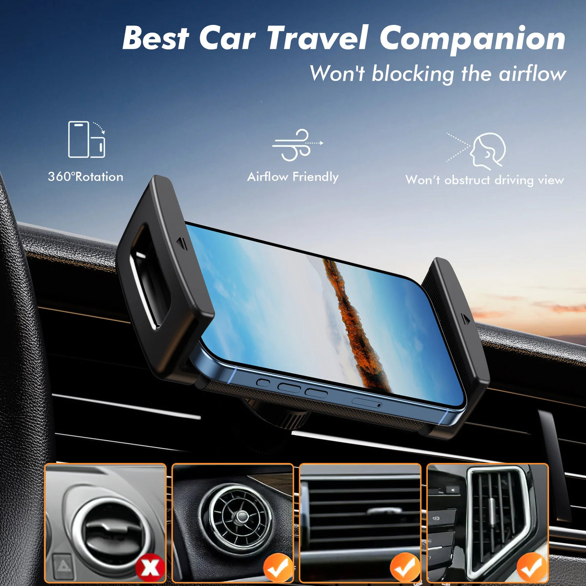 Eary Car Phone Holder 360°Rotatable Mount Vent Tablet for Car iPad Mini Air Z Fold 7 6 iPhone 17 Samsung S26 More 4-12.9" Device