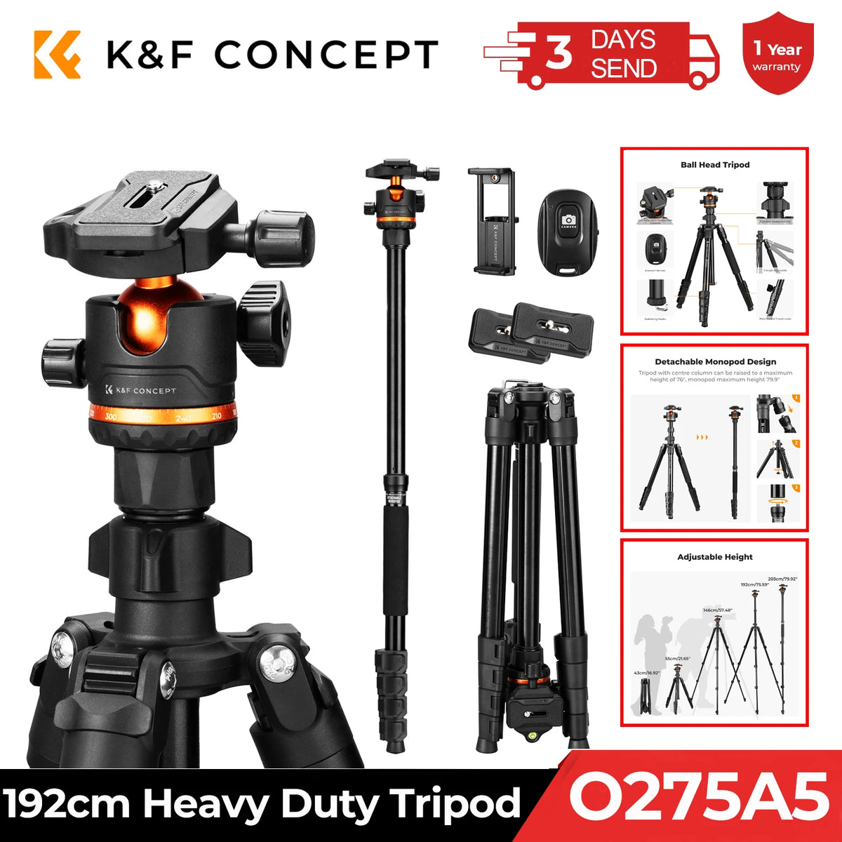 K&F CONCEPT 192cm Camera Tripod with 360 Degree 17.6lbs Load Ball Head Detachable Monopod Heavy Duty DSLR Tripods O275A5+BH-36